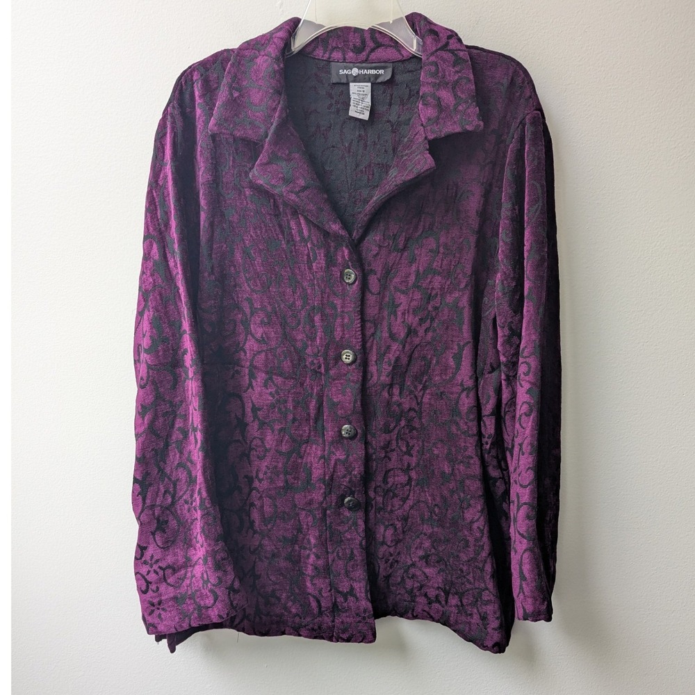 Vtg Button Up Top Purple Flocked Burnout Damask Scroll Sz 16 Whimsigoth Regency